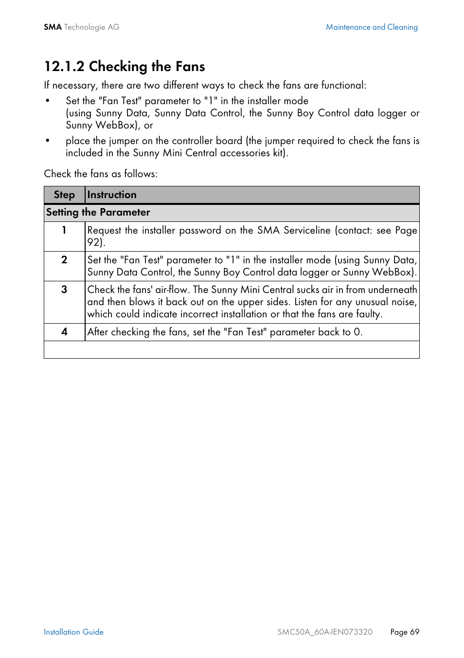 2 checking the fans, Checking the fans | SMC Networks Sunny Mini Central SMC 5000A User Manual | Page 69 / 96