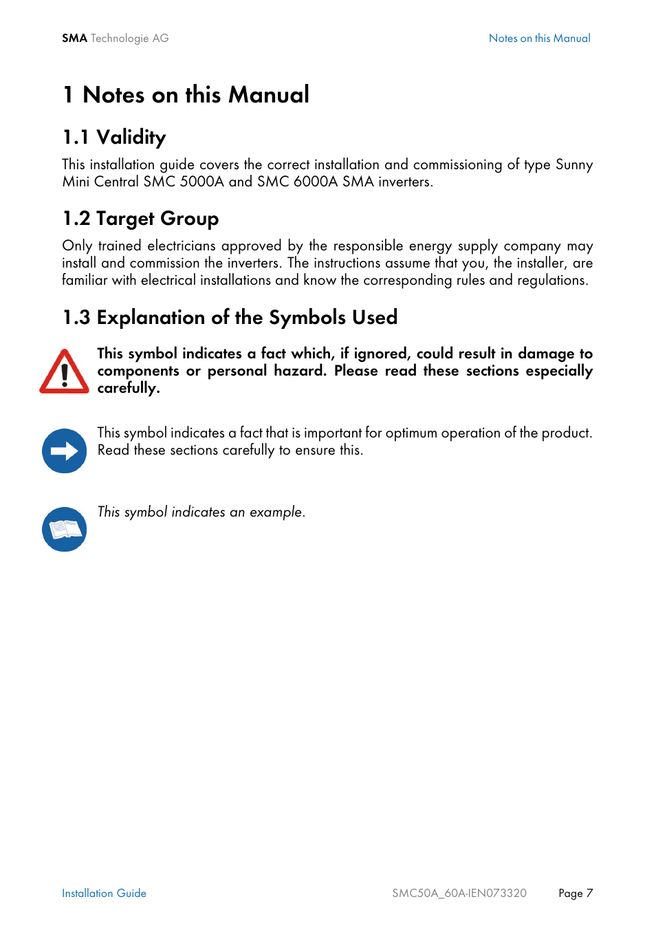 1 notes on this manual, 1 validity, 2 target group | 3 explanation of the symbols used, Notes on this manual, Validity, Target group, Explanation of the symbols used | SMC Networks Sunny Mini Central SMC 5000A User Manual | Page 7 / 96