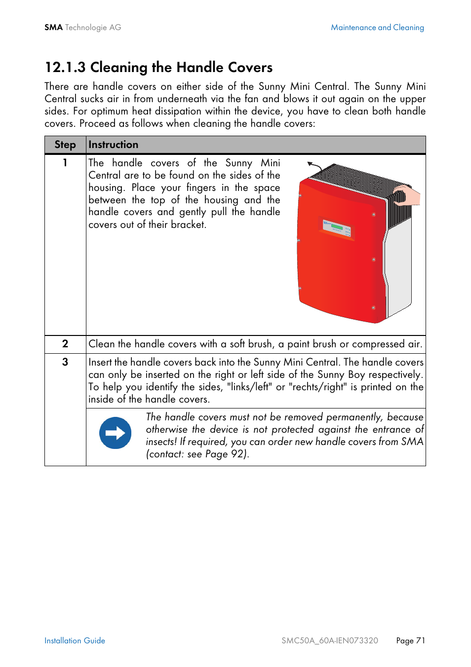 3 cleaning the handle covers, Cleaning the handle covers | SMC Networks Sunny Mini Central SMC 5000A User Manual | Page 71 / 96