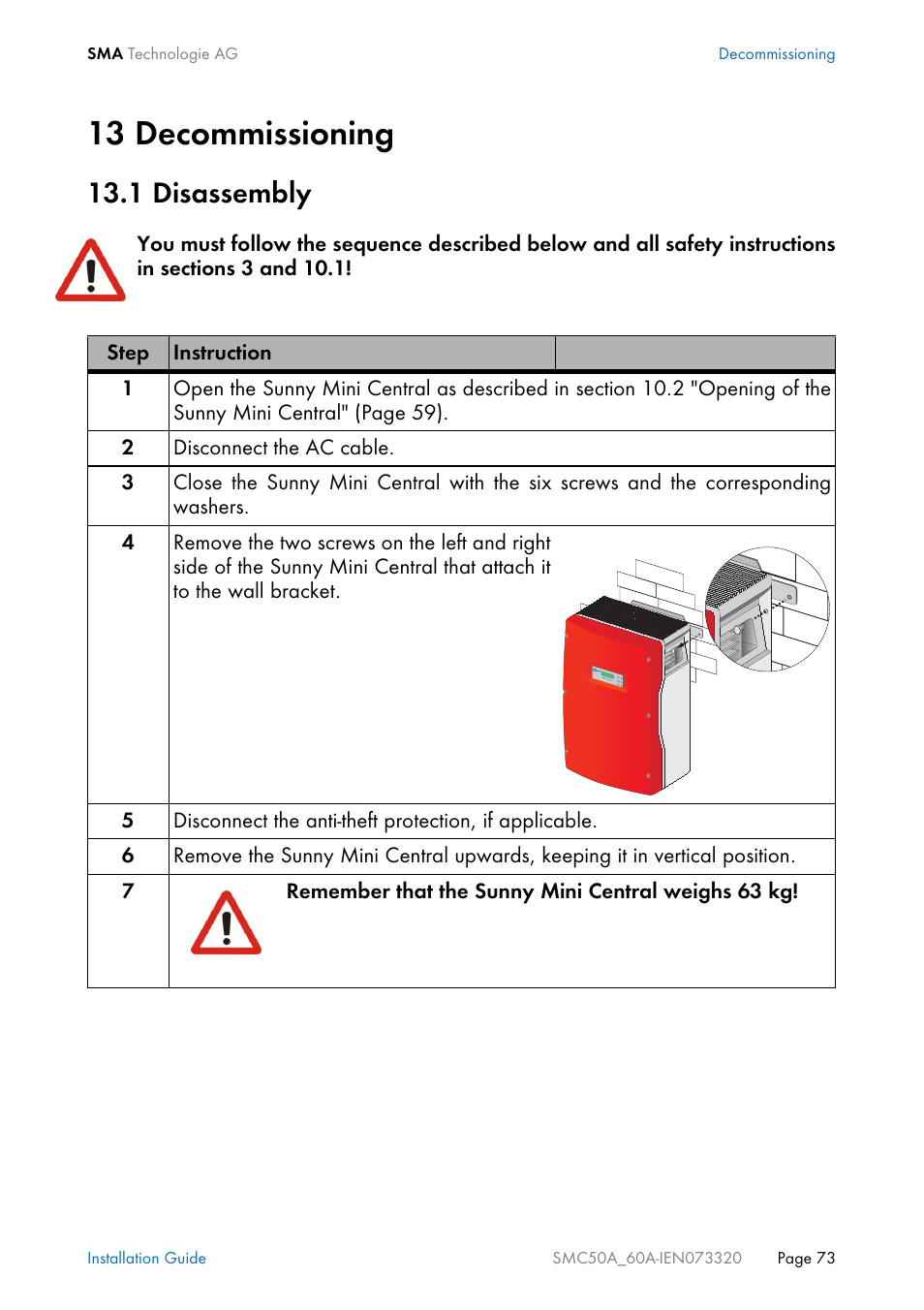 13 decommissioning, 1 disassembly, Decommissioning | Disassembly | SMC Networks Sunny Mini Central SMC 5000A User Manual | Page 73 / 96