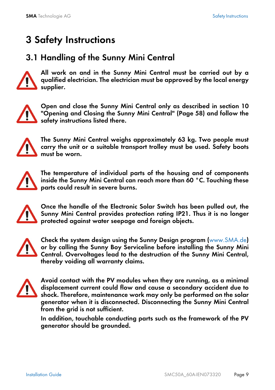 3 safety instructions, 1 handling of the sunny mini central, Safety instructions | Handling of the sunny mini central | SMC Networks Sunny Mini Central SMC 5000A User Manual | Page 9 / 96