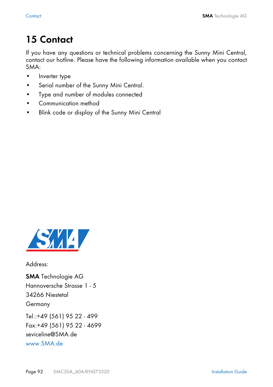 15 contact, Contact | SMC Networks Sunny Mini Central SMC 5000A User Manual | Page 92 / 96