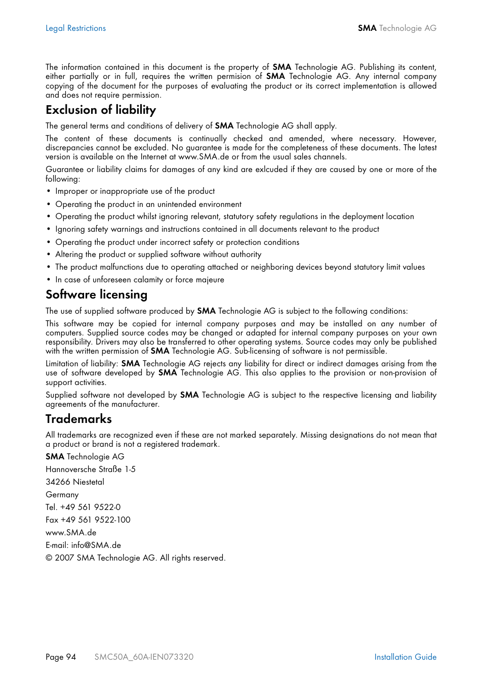 Exclusion of liability, Software licensing, Trademarks | SMC Networks Sunny Mini Central SMC 5000A User Manual | Page 94 / 96