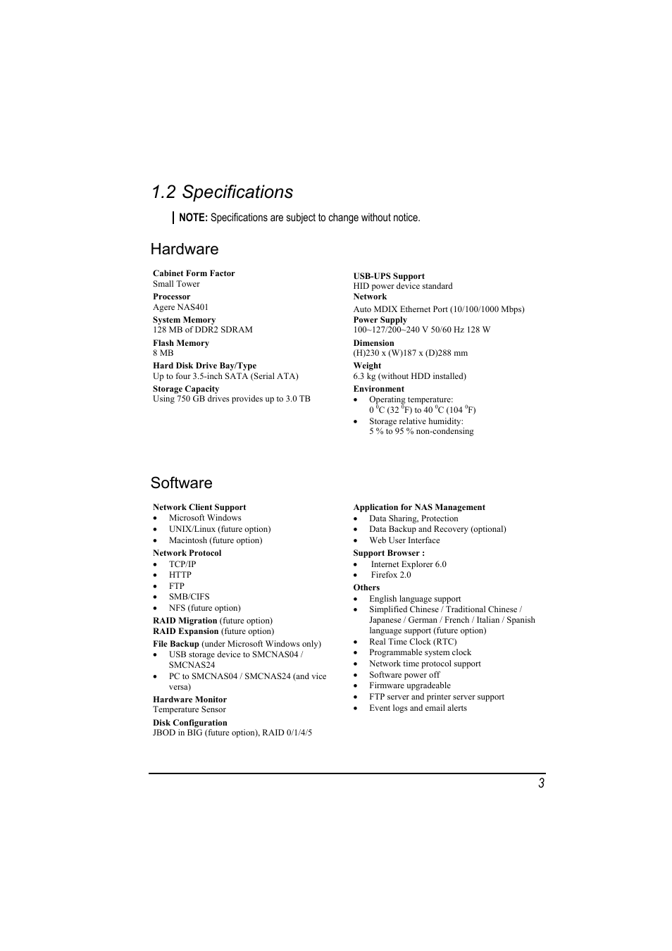 2 specifications, Hardware, Software | Specifications | SMC Networks SMCNAS24 User Manual | Page 12 / 78