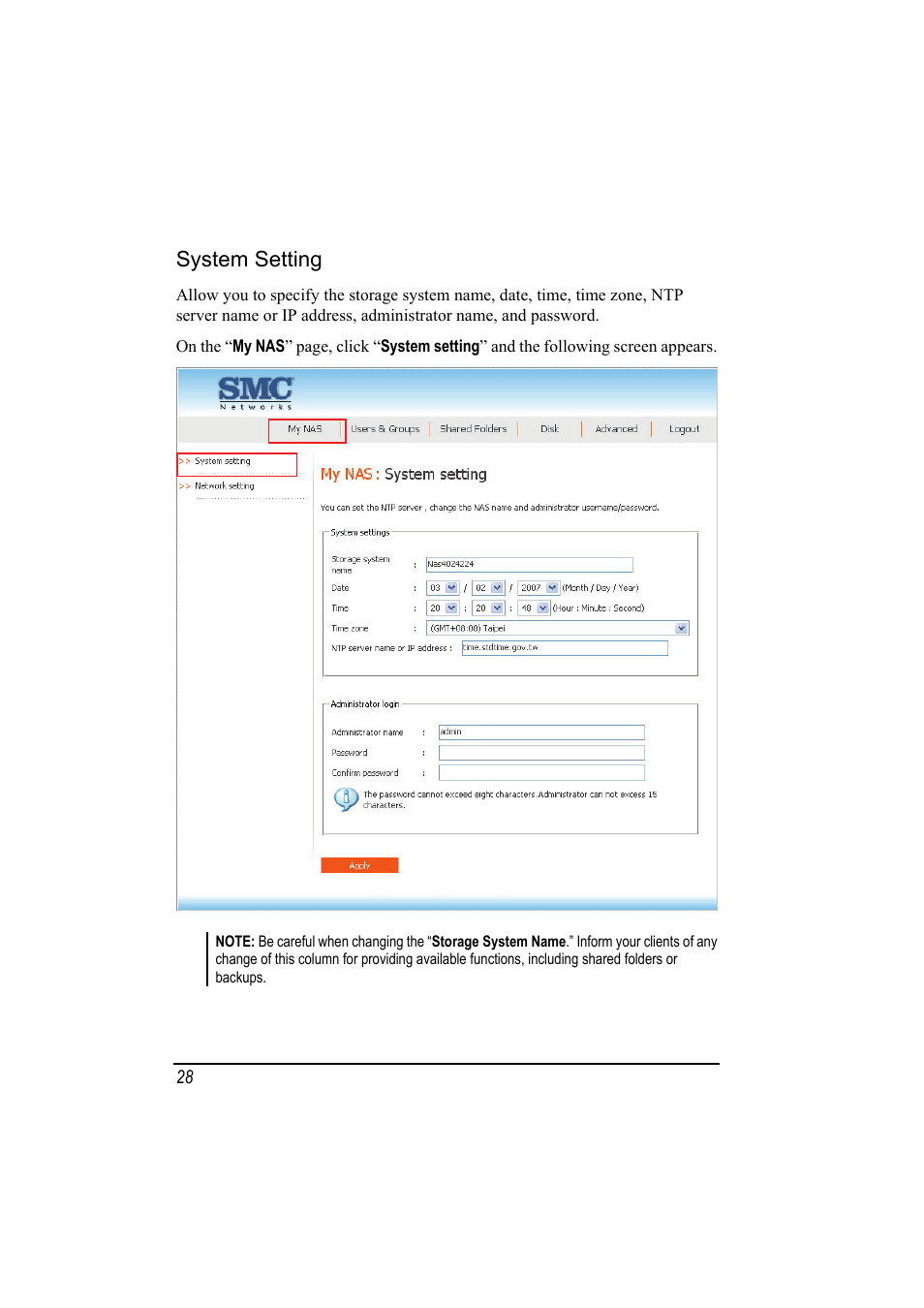 System setting | SMC Networks SMCNAS24 User Manual | Page 36 / 78