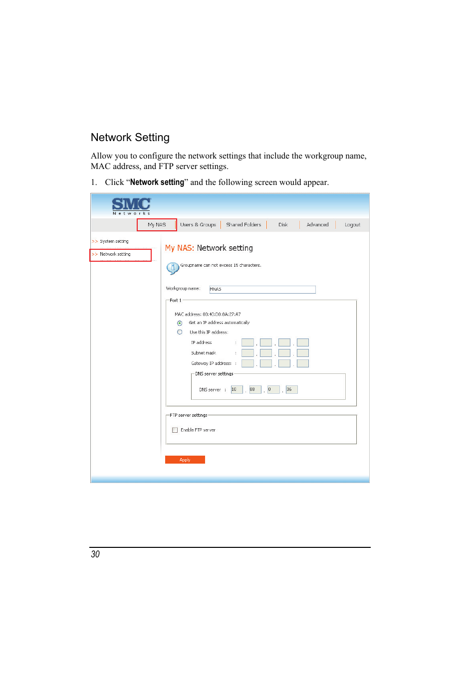 Network setting | SMC Networks SMCNAS24 User Manual | Page 38 / 78