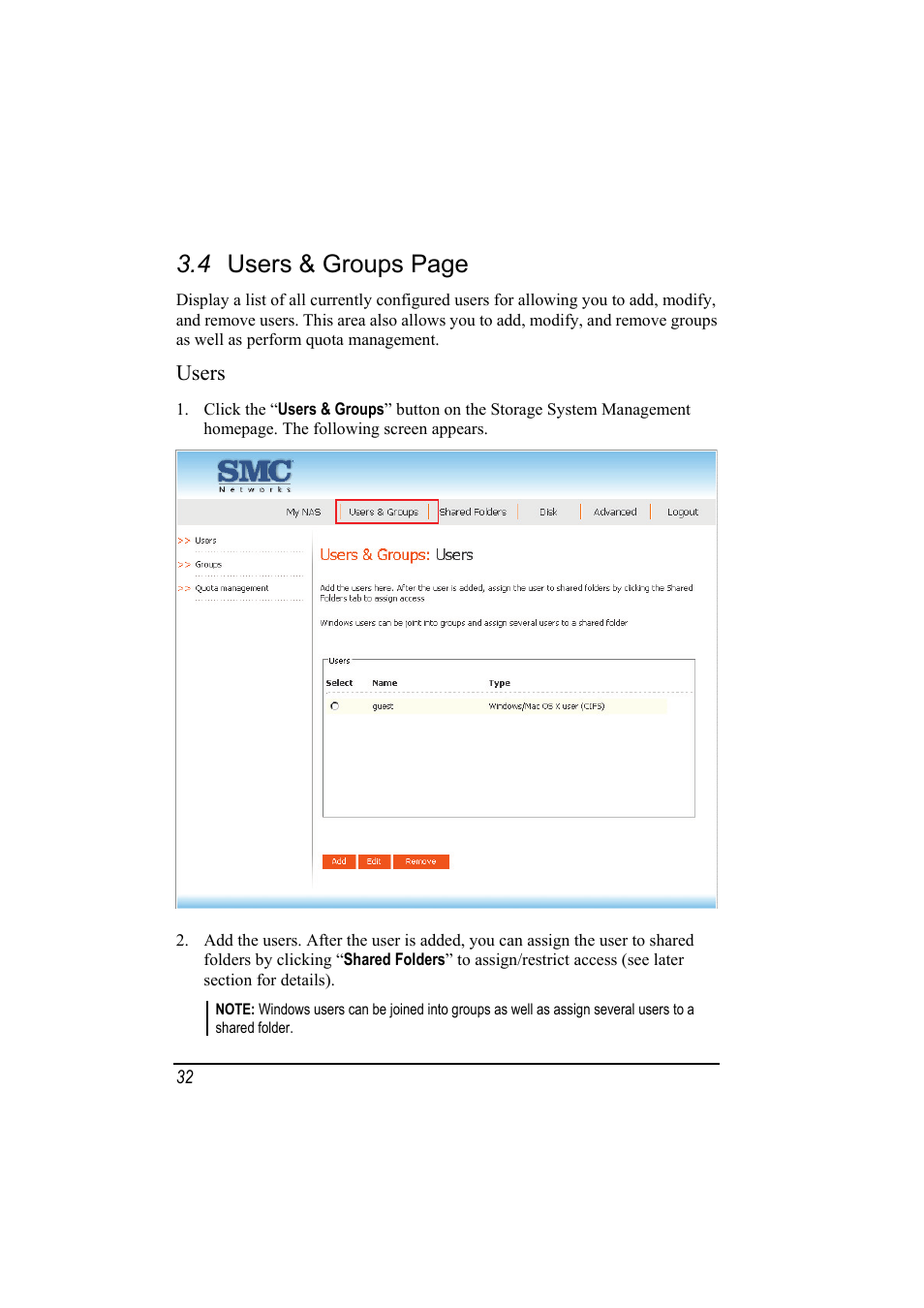 Users, 4 users & groups page | SMC Networks SMCNAS24 User Manual | Page 40 / 78