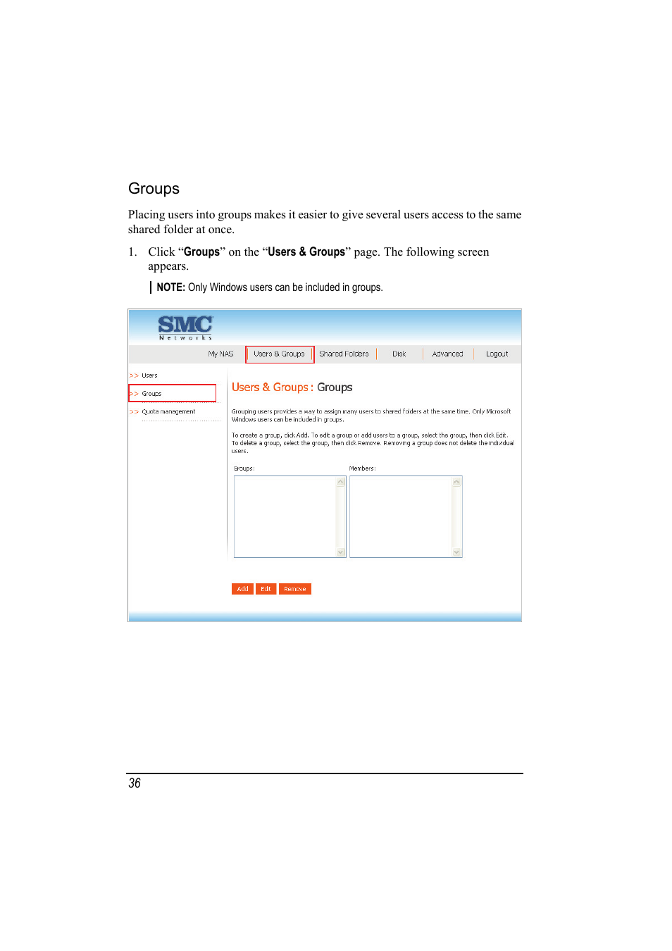 Groups | SMC Networks SMCNAS24 User Manual | Page 44 / 78