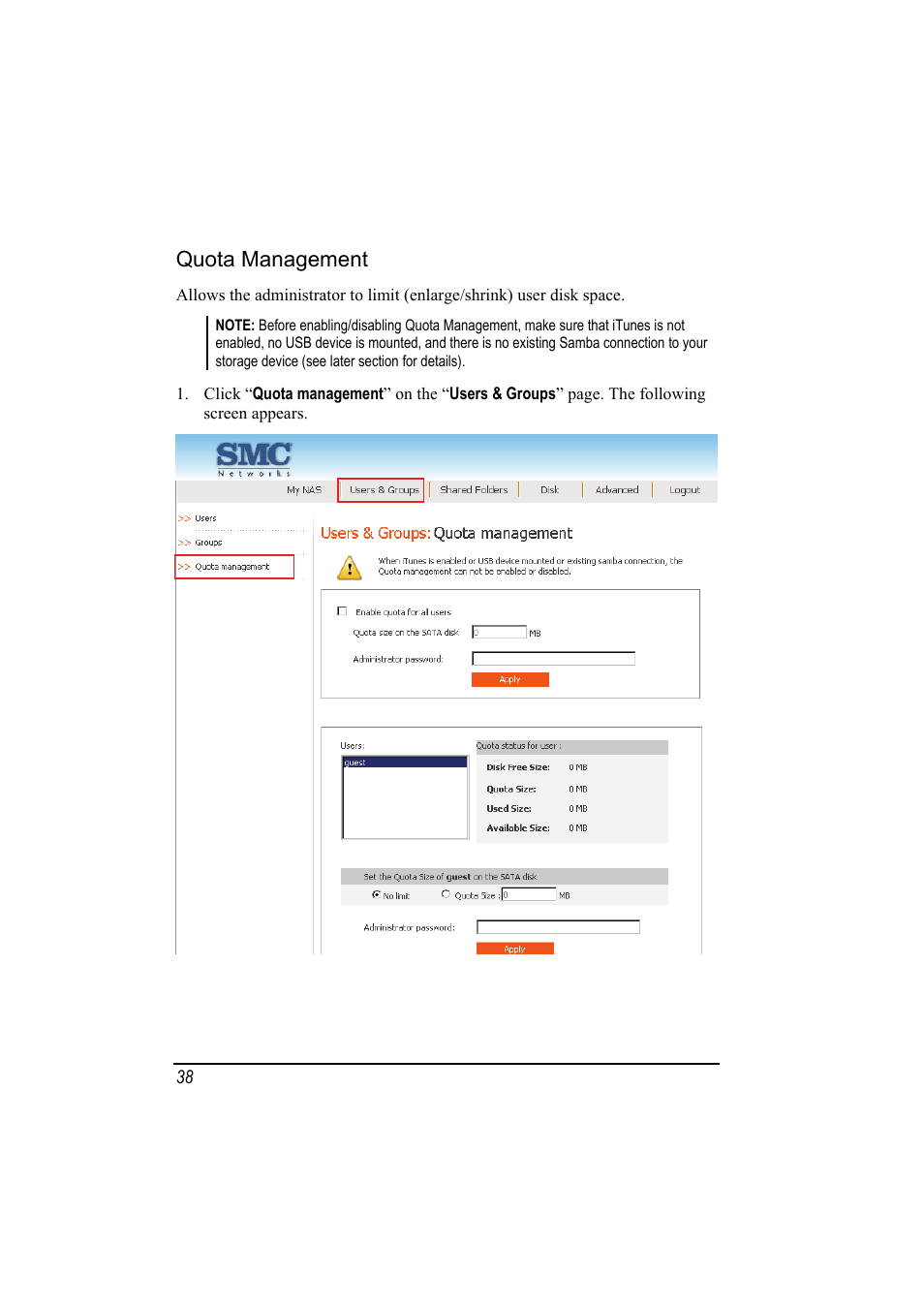 Quota management | SMC Networks SMCNAS24 User Manual | Page 46 / 78