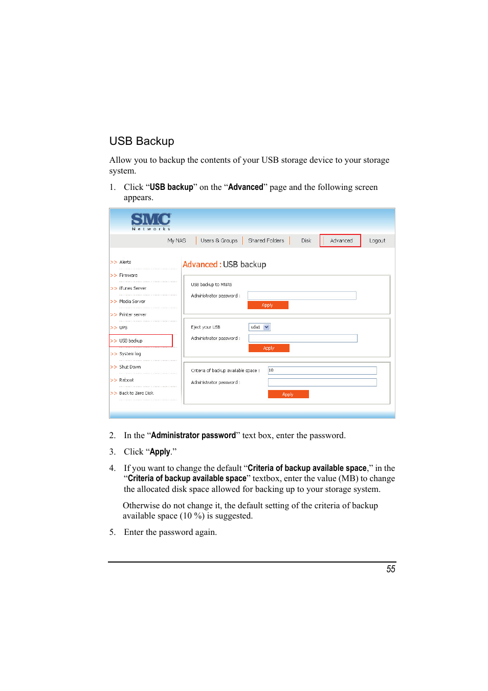 Usb backup | SMC Networks SMCNAS24 User Manual | Page 63 / 78