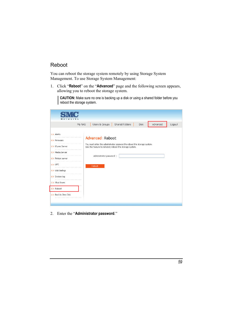 Reboot | SMC Networks SMCNAS24 User Manual | Page 67 / 78