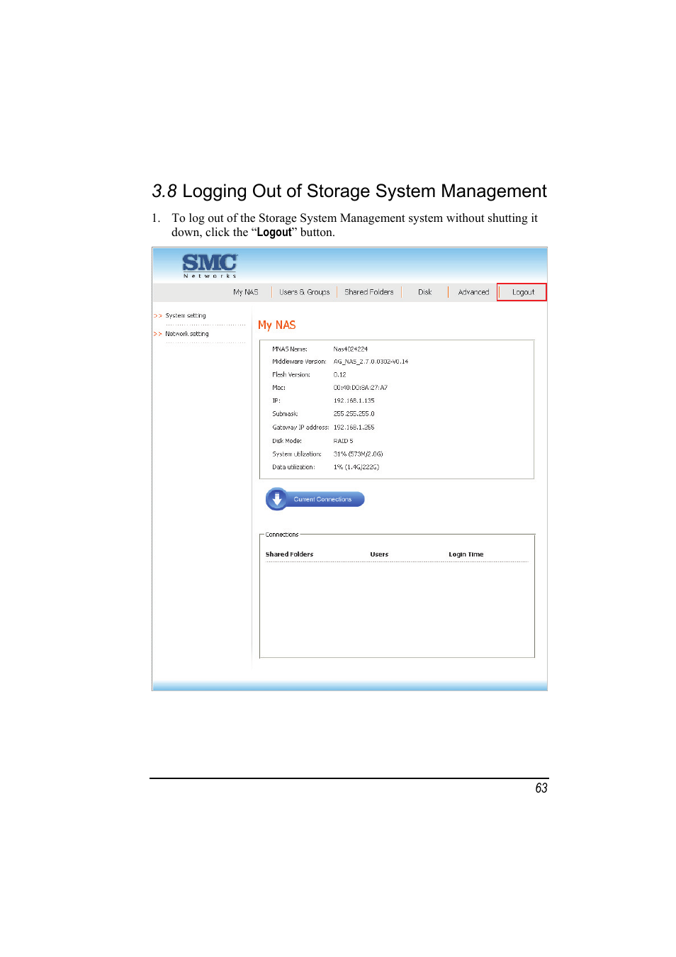 8 logging out of storage system management, Logging out of storage system management | SMC Networks SMCNAS24 User Manual | Page 71 / 78