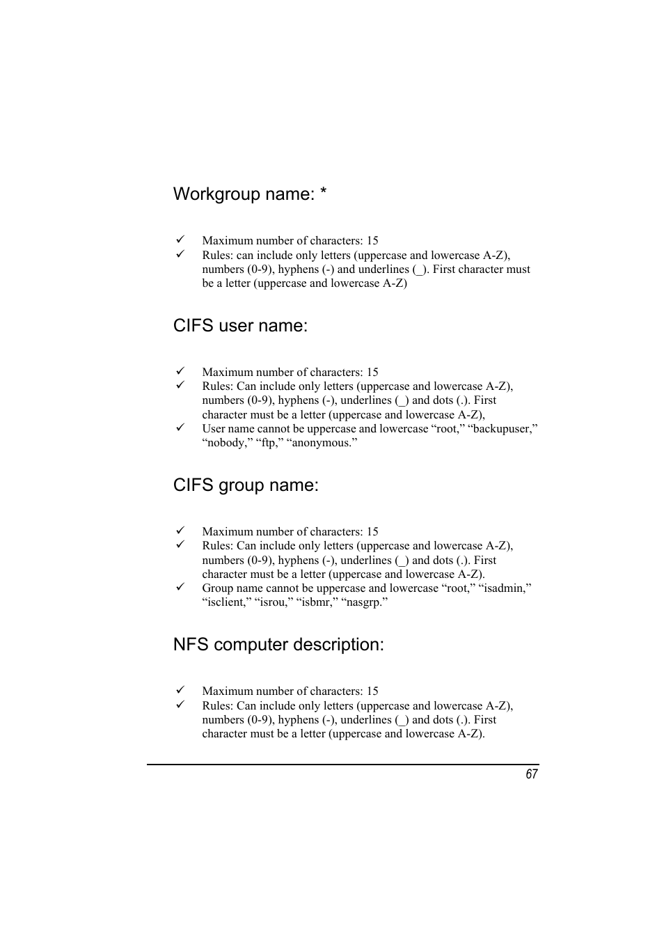 Workgroup name, Cifs user name, Cifs group name | Nfs computer description | SMC Networks SMCNAS24 User Manual | Page 75 / 78