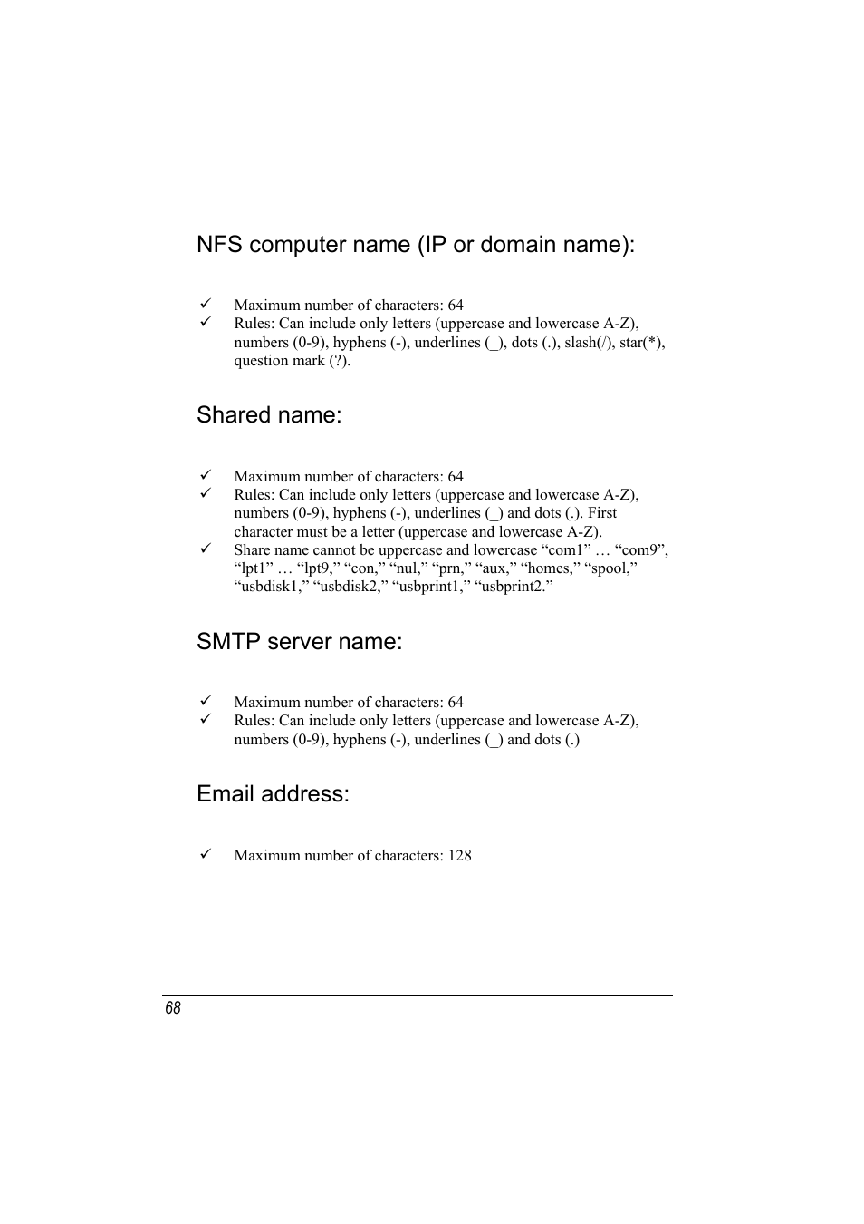 Nfs computer name (ip or domain name), Shared name, Smtp server name | Email address | SMC Networks SMCNAS24 User Manual | Page 76 / 78