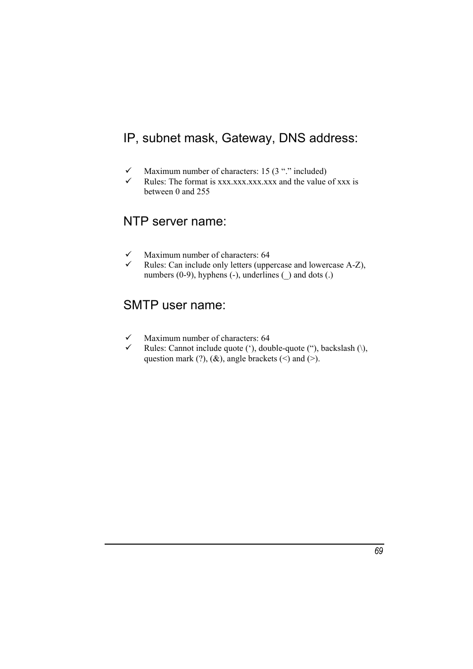 Ip, subnet mask, gateway, dns address, Ntp server name, Smtp user name | SMC Networks SMCNAS24 User Manual | Page 77 / 78