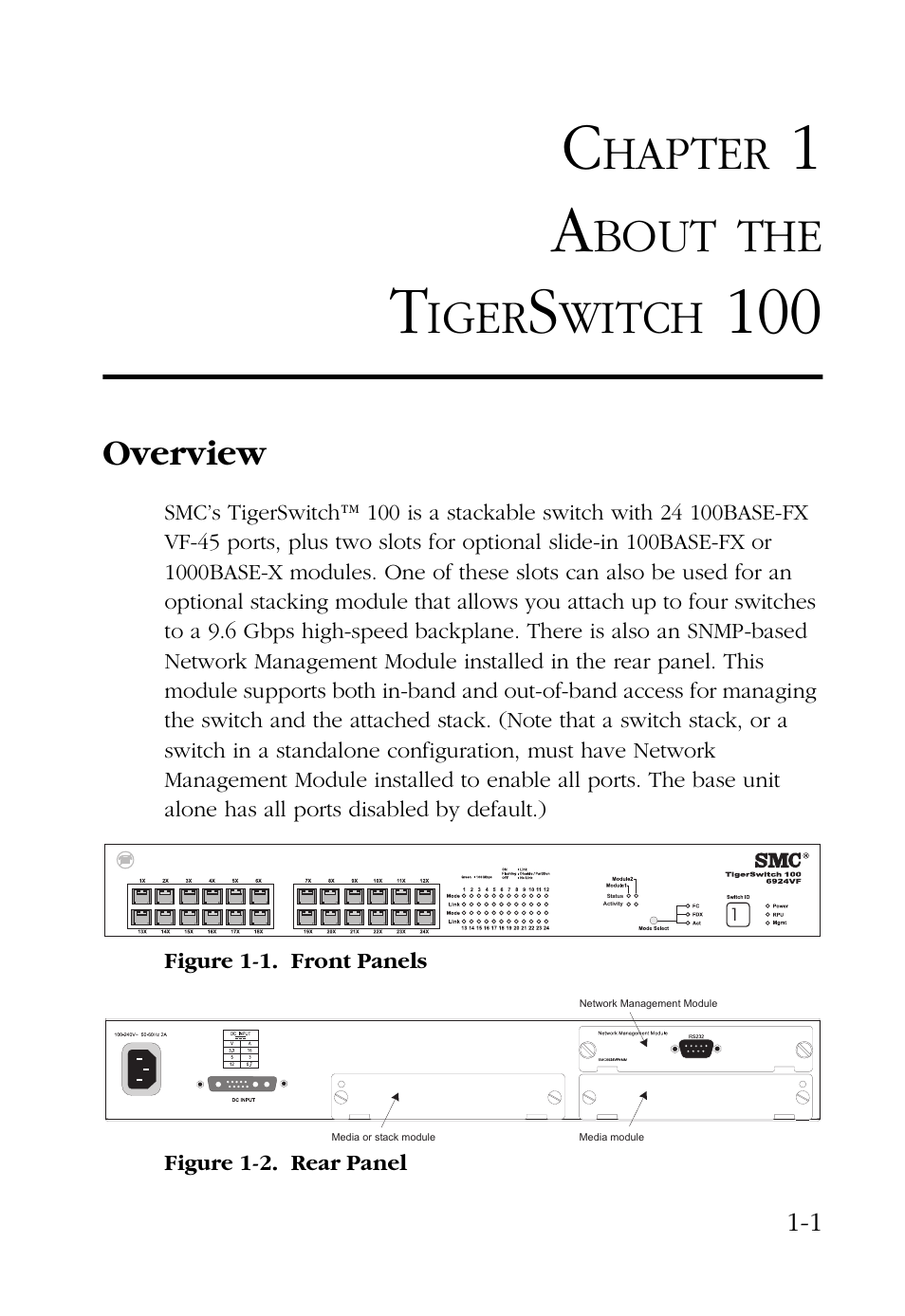 Chapter 1 about the tigerswitch 100, Overview, About the tigerswitch 100 -1 | Overview -1, Hapter, Bout, Iger, Witch | SMC Networks 100 User Manual | Page 15 / 90