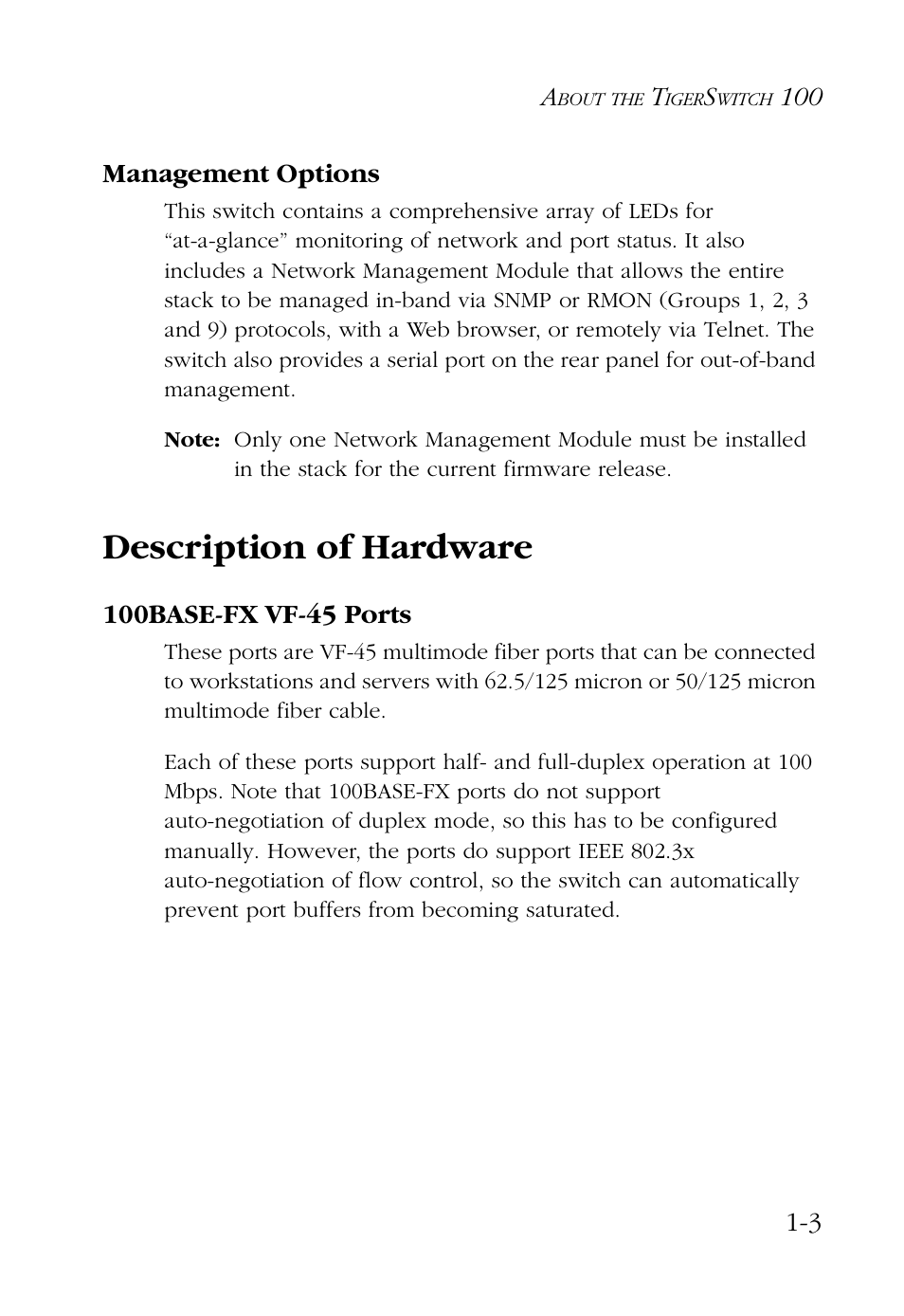 Management options, Description of hardware, 100base-fx vf-45 ports | Management options -3, Description of hardware -3, 100base-fx vf-45 ports -3 | SMC Networks 100 User Manual | Page 17 / 90