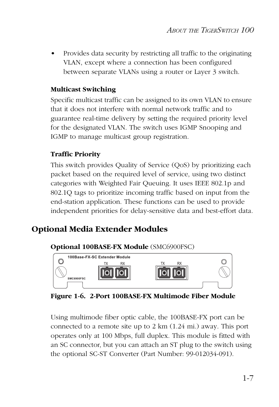 Multicast switching, Traffic priority, Optional media extender modules | Optional 100base-fx module (smc6900fsc), Optional media extender modules -7 | SMC Networks 100 User Manual | Page 21 / 90