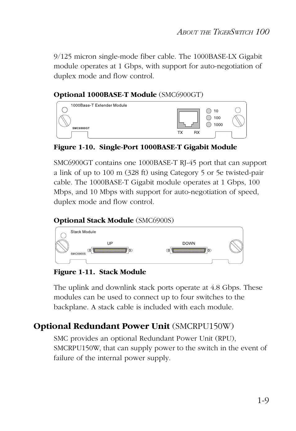 Optional 1000base-t module (smc6900gt), Optional stack module (smc6900s), Optional redundant power unit (smcrpu150w) | Optional redundant power unit (smcrpu150w) -9 | SMC Networks 100 User Manual | Page 23 / 90