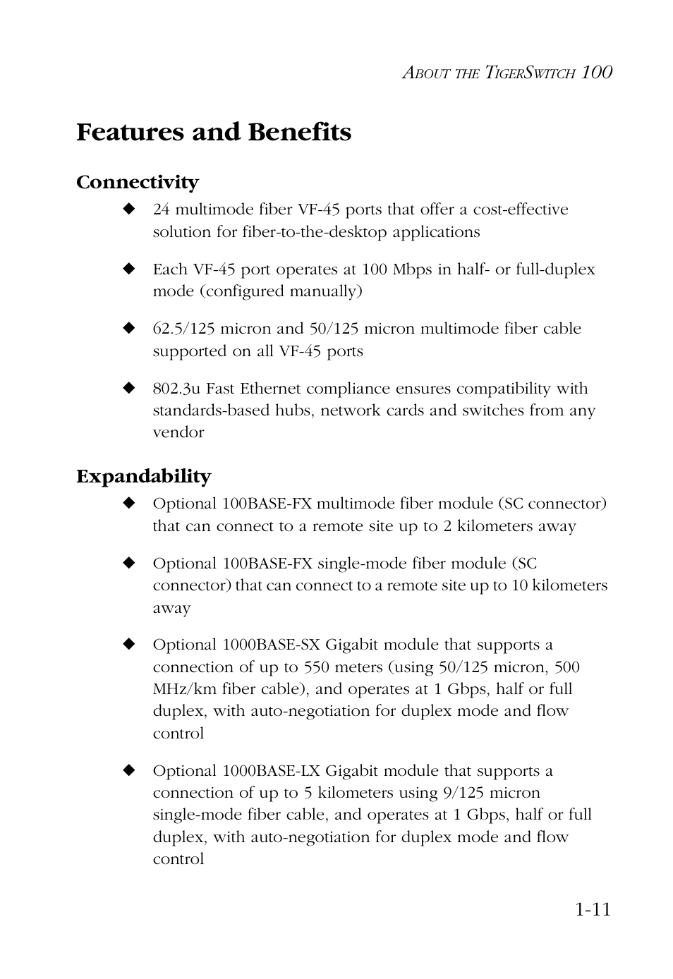 Features and benefits, Connectivity, Expandability | Features and benefits -11, Connectivity -11 expandability -11 | SMC Networks 100 User Manual | Page 25 / 90