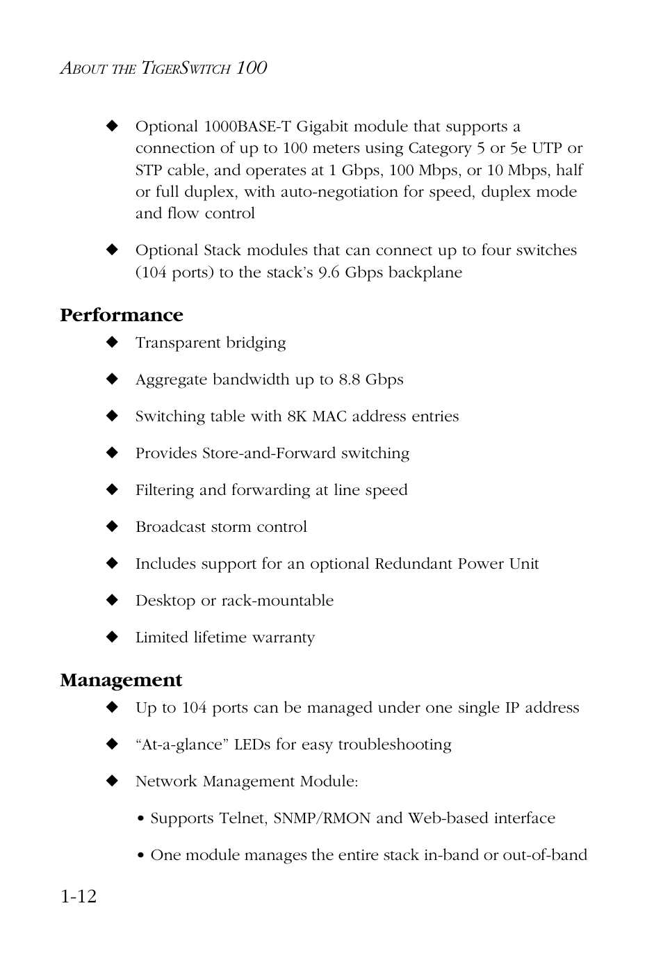 Performance, Management, Performance -12 management -12 | SMC Networks 100 User Manual | Page 26 / 90