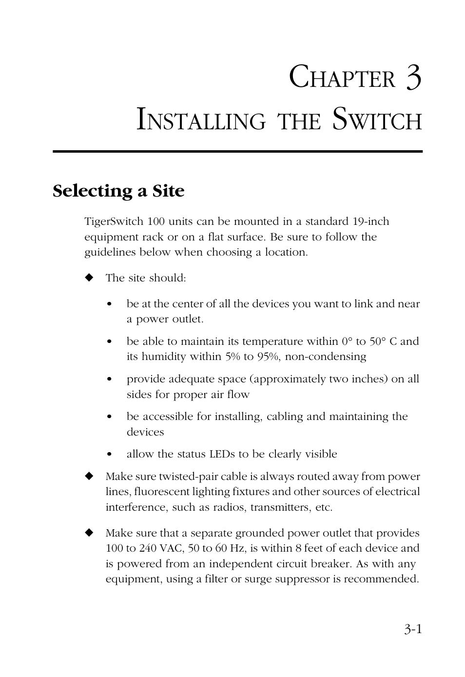 Chapter 3 installing the switch, Selecting a site, Installing the switch -1 | Selecting a site -1, Hapter, Nstalling, Witch | SMC Networks 100 User Manual | Page 39 / 90