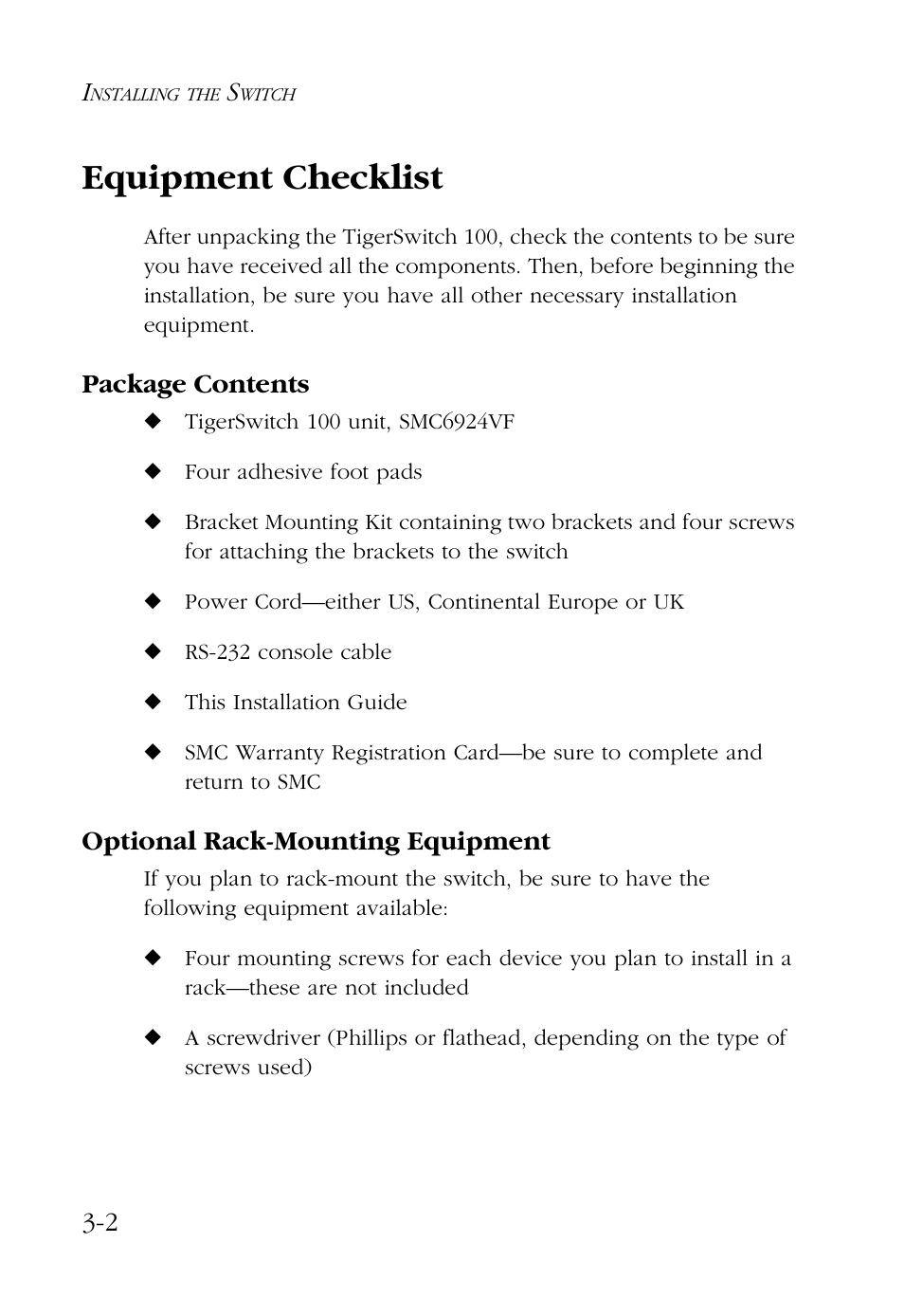Equipment checklist, Package contents, Optional rack-mounting equipment | Equipment checklist -2 | SMC Networks 100 User Manual | Page 40 / 90