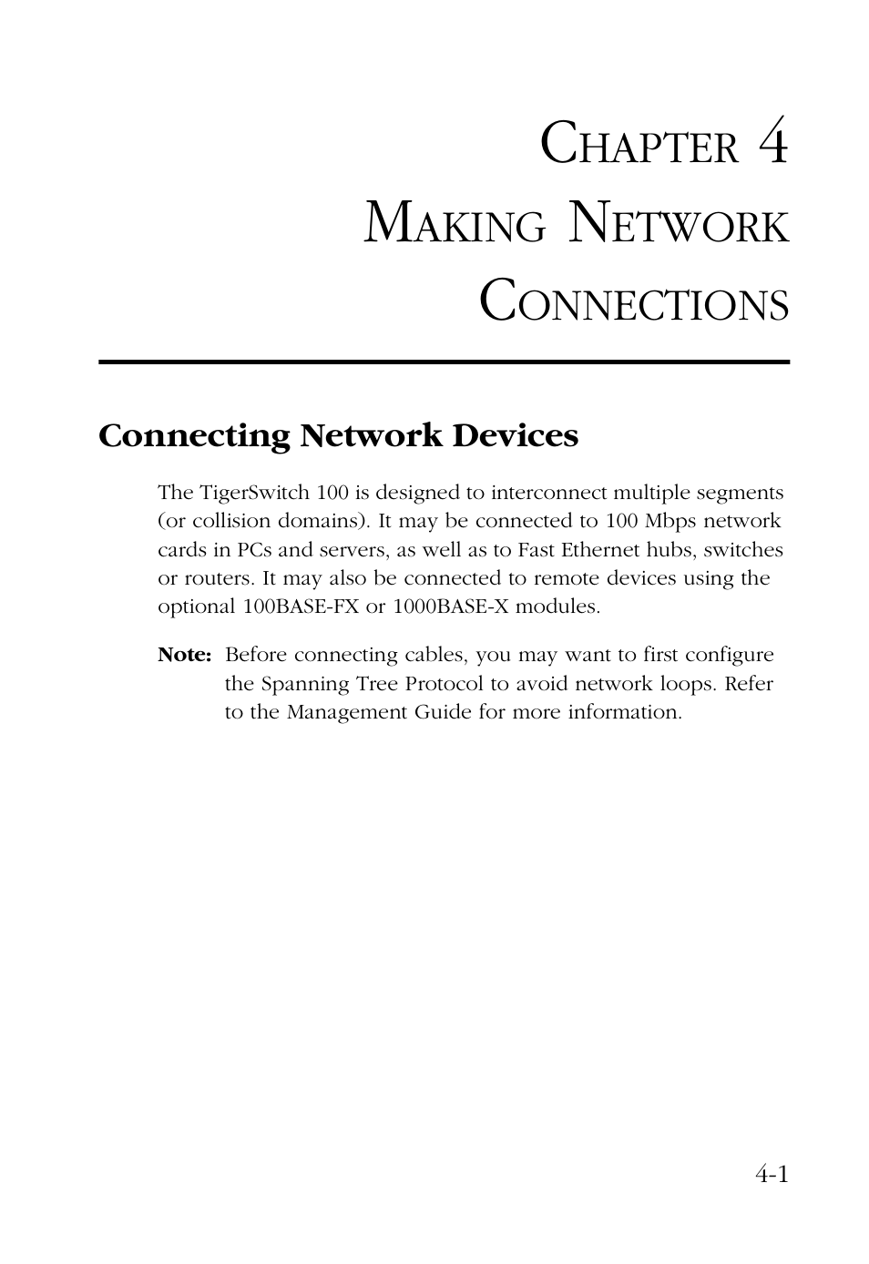 Chapter 4 making network connections, Connecting network devices, Making network connections -1 | Connecting network devices -1 | SMC Networks 100 User Manual | Page 49 / 90