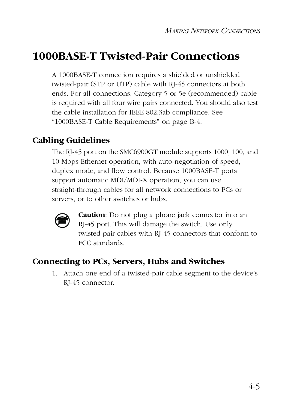 1000base-t twisted-pair connections, Cabling guidelines, Connecting to pcs, servers, hubs and switches | 1000base-t twisted-pair connections -5 | SMC Networks 100 User Manual | Page 53 / 90