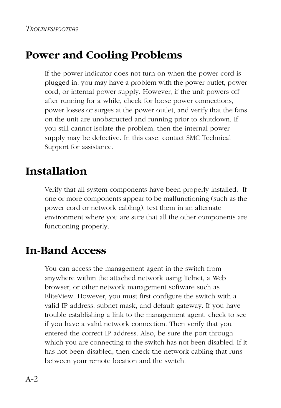 Power and cooling problems, Installation, In-band access | SMC Networks 100 User Manual | Page 58 / 90