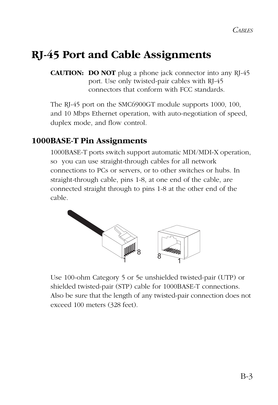 Rj-45 port and cable assignments, 1000base-t pin assignments | SMC Networks 100 User Manual | Page 63 / 90