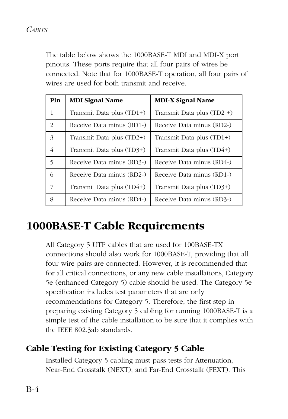 1000base-t cable requirements, Cable testing for existing category 5 cable | SMC Networks 100 User Manual | Page 64 / 90