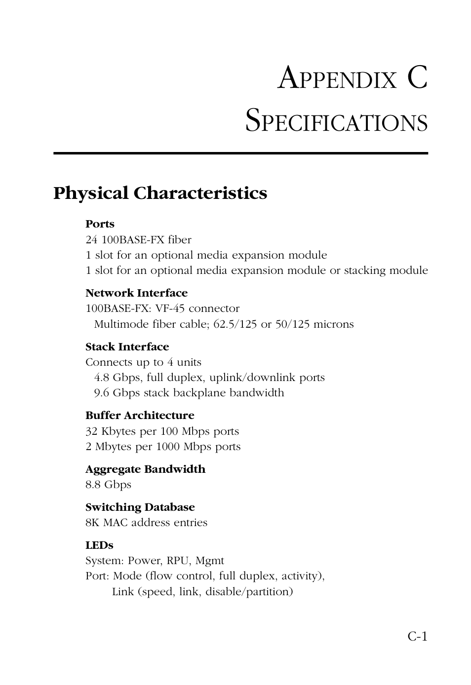 Appendix c specifications, Physical characteristics, Ppendix | Pecifications | SMC Networks 100 User Manual | Page 69 / 90