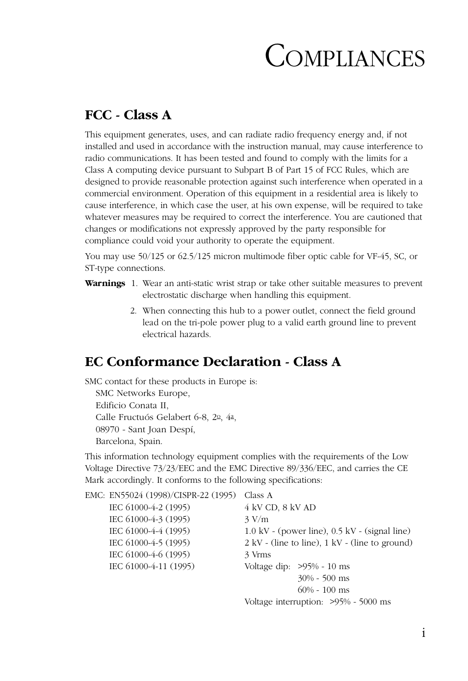 Ompliances, Fcc - class a, Ec conformance declaration - class a | SMC Networks 100 User Manual | Page 7 / 90