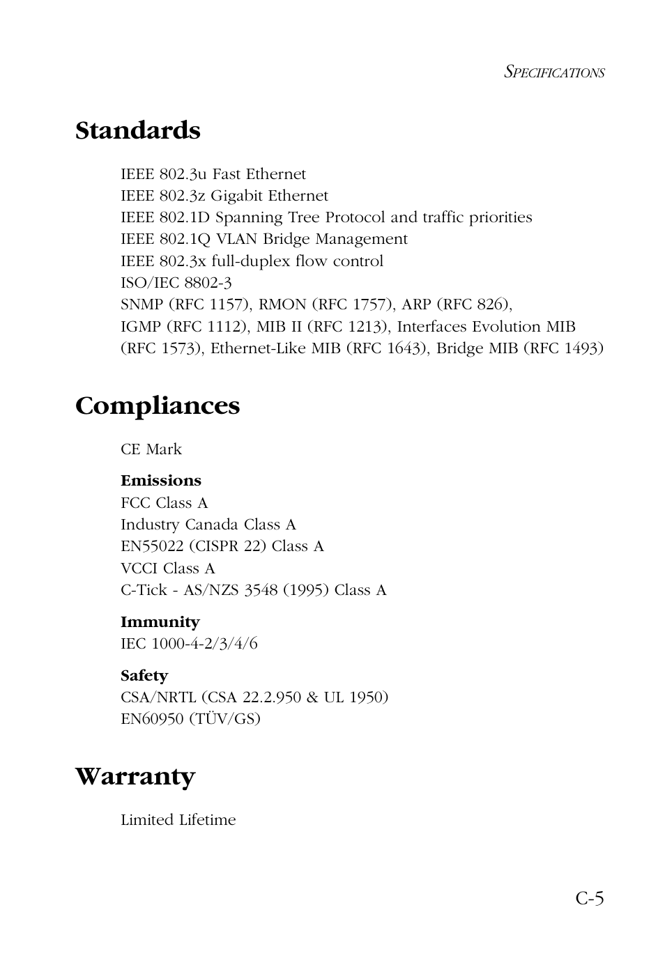 Standards, Compliances, Warranty | SMC Networks 100 User Manual | Page 73 / 90