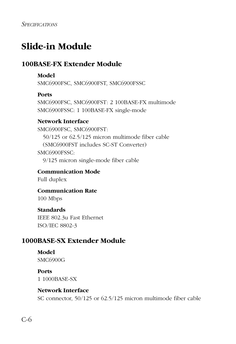 Slide-in module, 100base-fx extender module, 1000base-sx extender module | SMC Networks 100 User Manual | Page 74 / 90