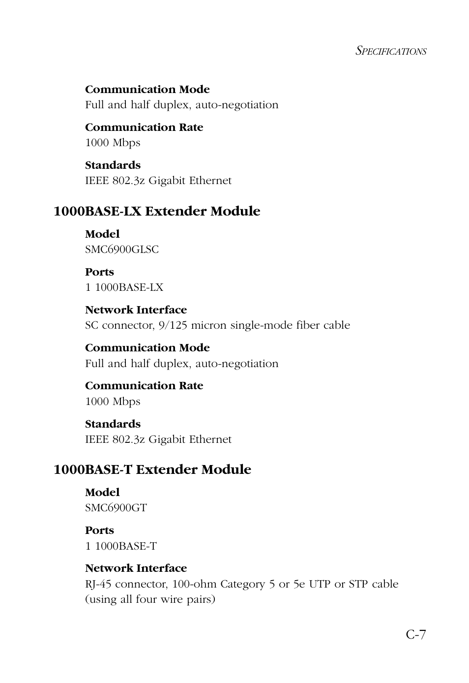1000base-lx extender module, 1000base-t extender module | SMC Networks 100 User Manual | Page 75 / 90