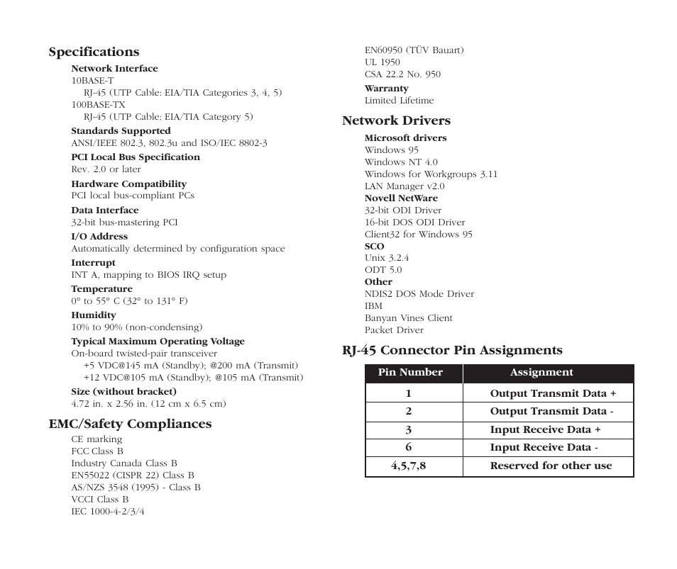 Specifications, Emc/safety compliances, Network drivers | Rj-45 connector pin assignments | SMC Networks EZ Card 10 User Manual | Page 12 / 15