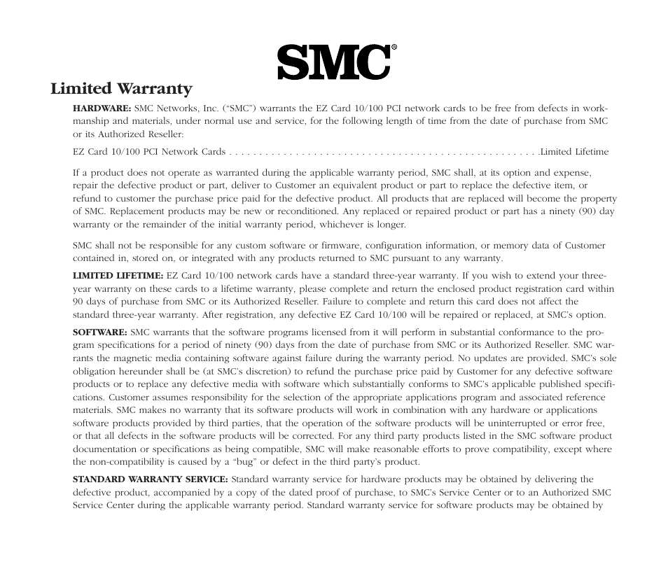 Limited warranty | SMC Networks EZ Card 10 User Manual | Page 13 / 15