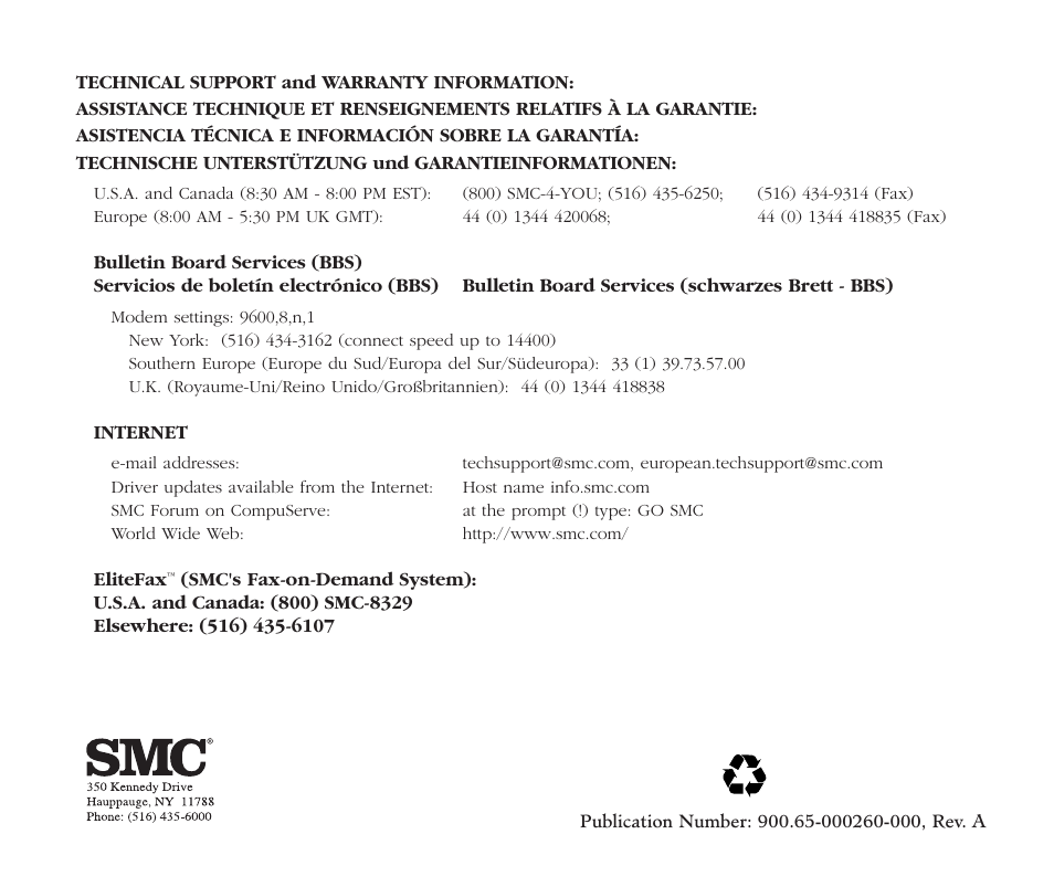 Tech support | SMC Networks EZ Card 10 User Manual | Page 15 / 15