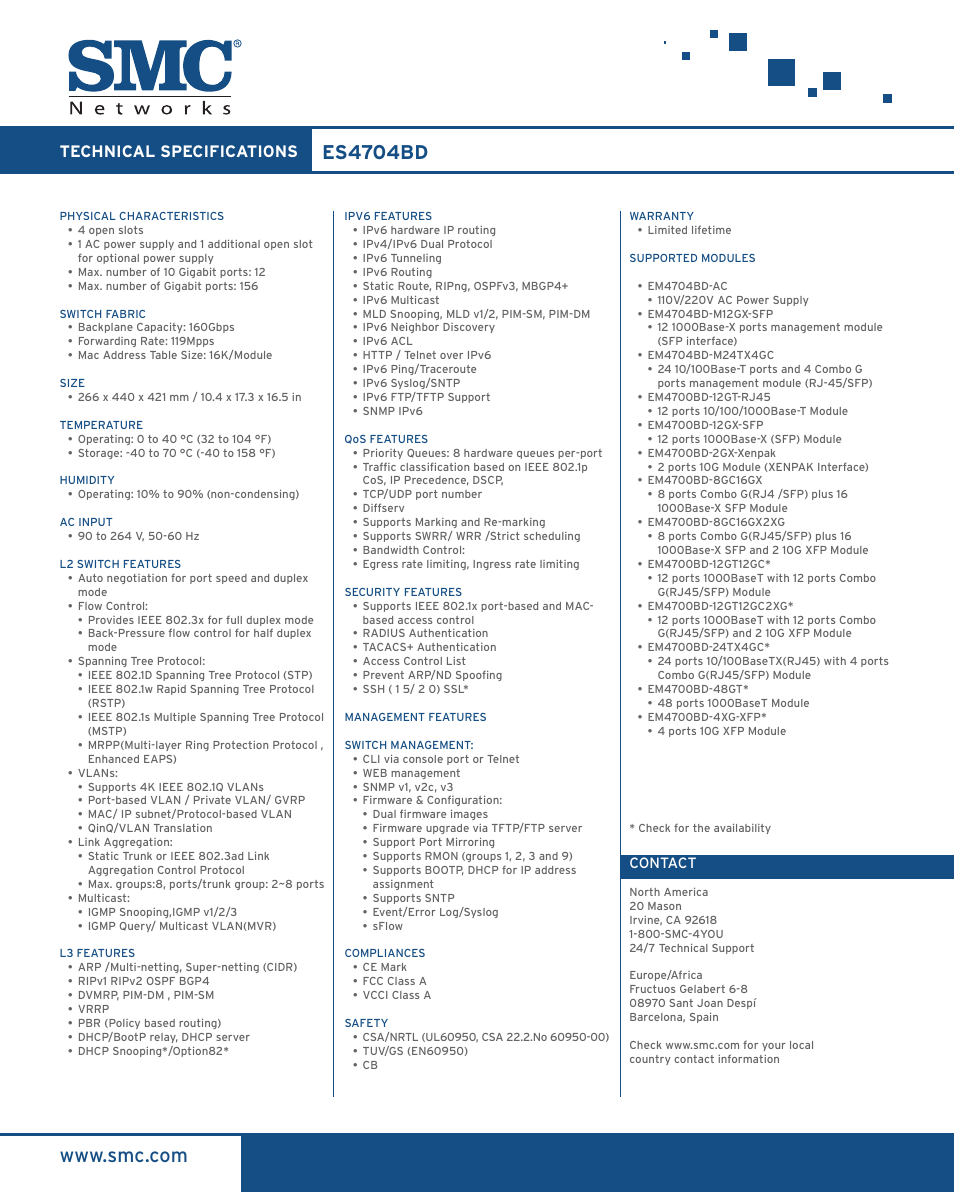 Es4704bd, Technical specifications | SMC Networks ES4704BD User Manual | Page 2 / 2