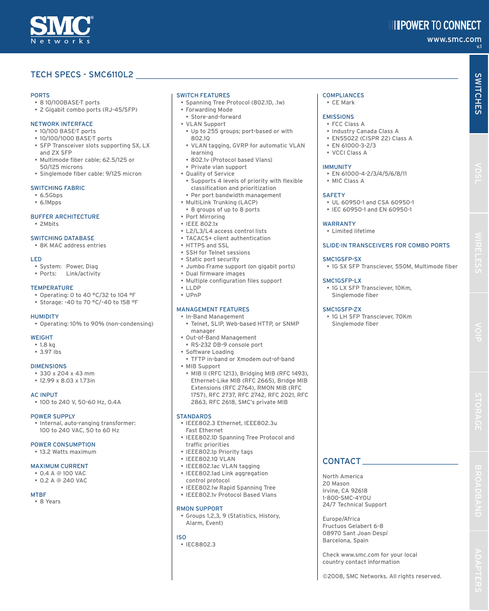 Contact | SMC Networks SMC Tiger 10/100 SMC6110L2 User Manual | Page 2 / 2