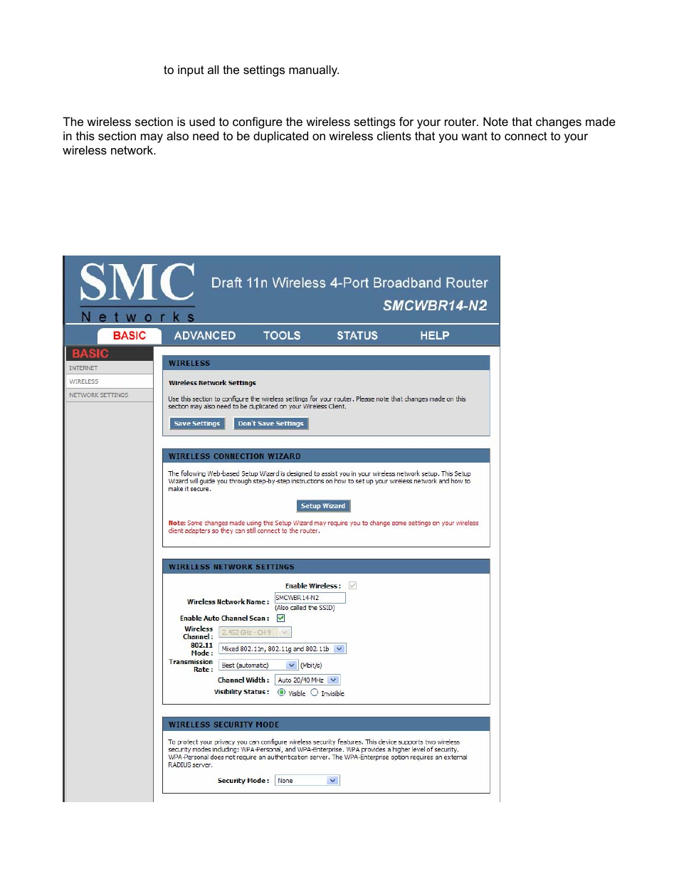 Basic_wireless | SMC Networks BARRICADE SMCWBR14-N2 User Manual | Page 18 / 103