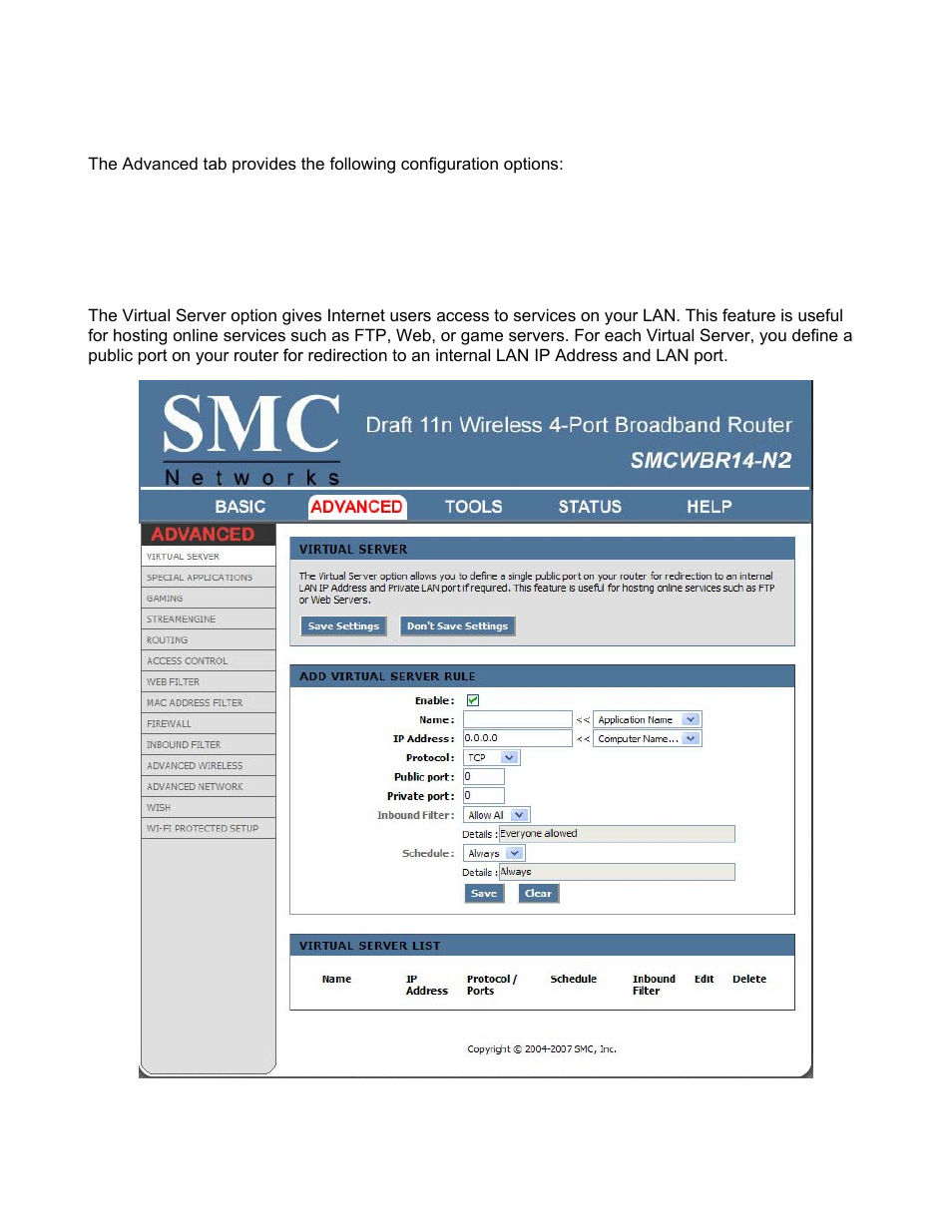 Advanced, Advanced_virtual server | SMC Networks BARRICADE SMCWBR14-N2 User Manual | Page 27 / 103
