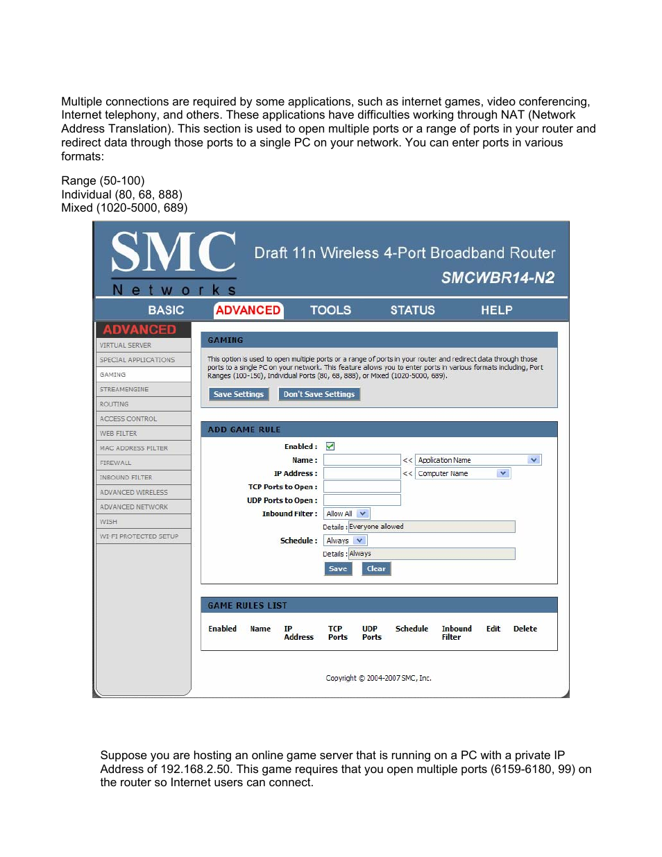 Advanced_gaming | SMC Networks BARRICADE SMCWBR14-N2 User Manual | Page 32 / 103