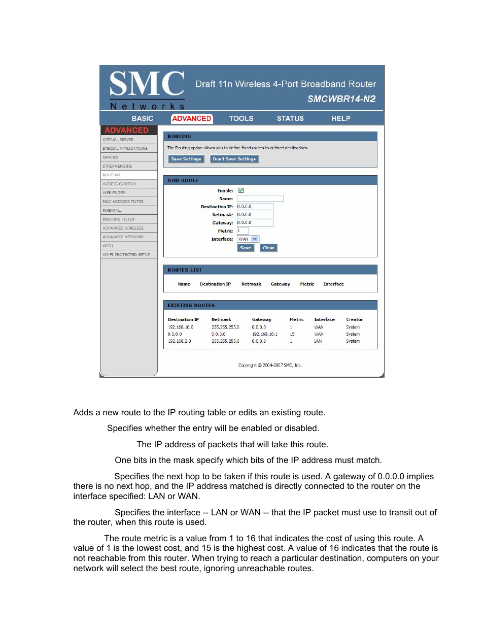 Advanced_routing | SMC Networks BARRICADE SMCWBR14-N2 User Manual | Page 37 / 103