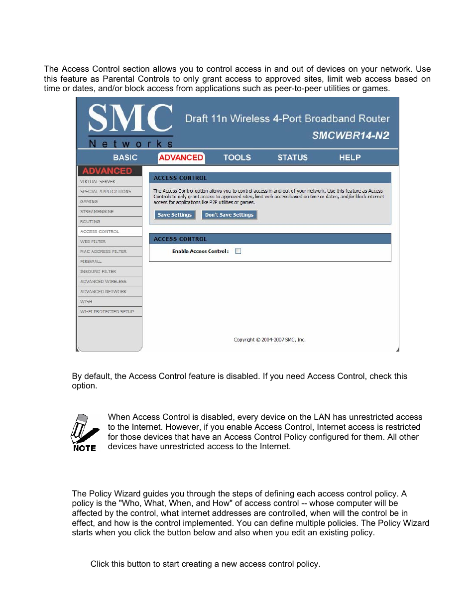 Advanced_access control | SMC Networks BARRICADE SMCWBR14-N2 User Manual | Page 39 / 103