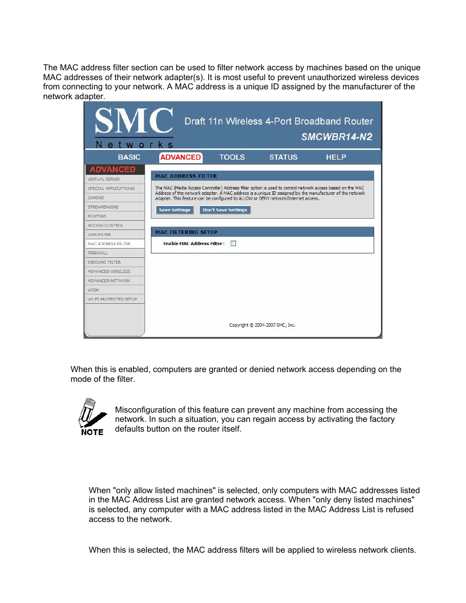 Advanced_mac address filter | SMC Networks BARRICADE SMCWBR14-N2 User Manual | Page 43 / 103