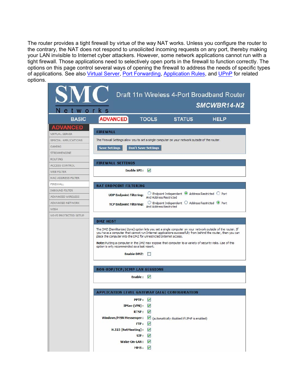 Advanced_firewall | SMC Networks BARRICADE SMCWBR14-N2 User Manual | Page 45 / 103