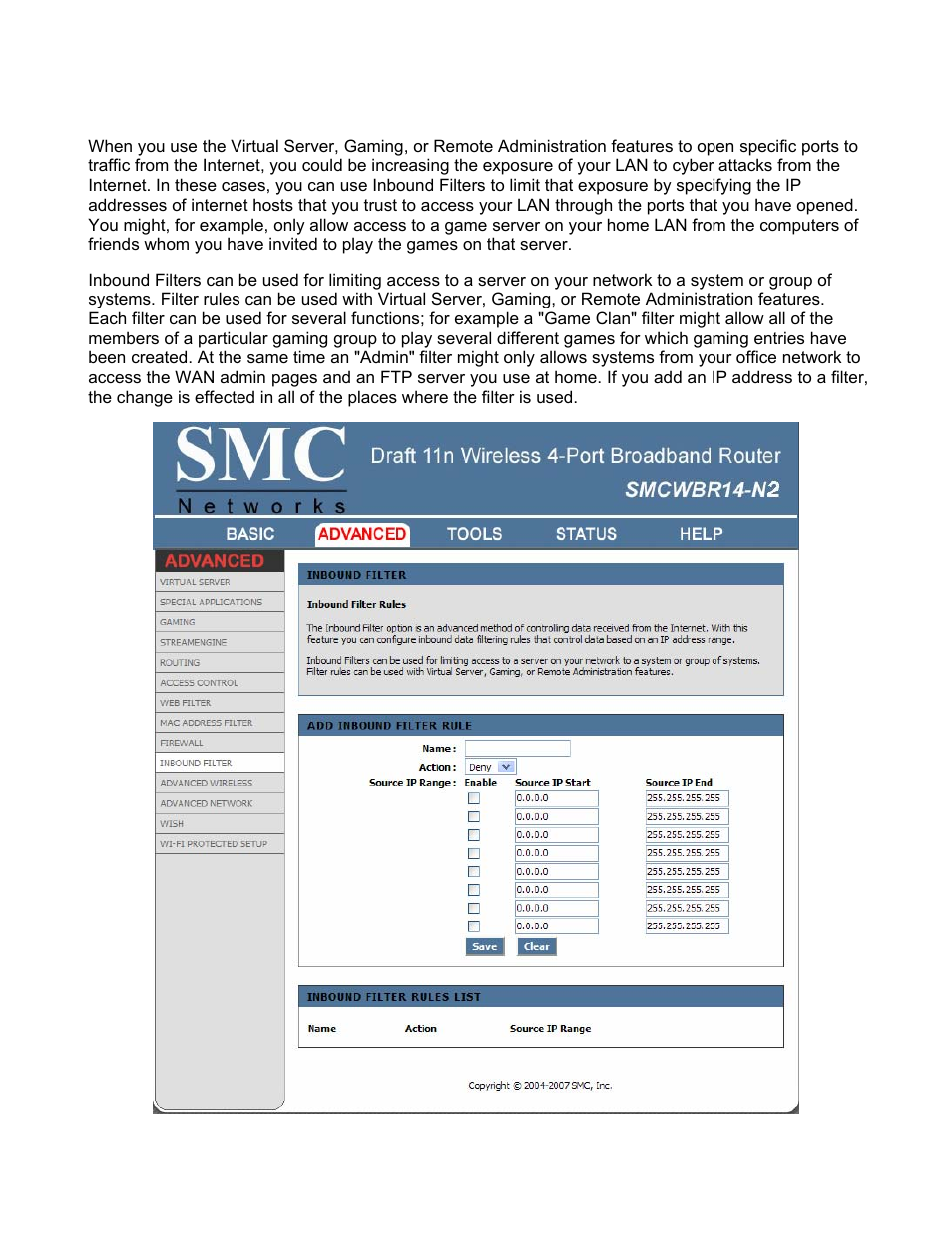 Advanced_inbound filter | SMC Networks BARRICADE SMCWBR14-N2 User Manual | Page 50 / 103